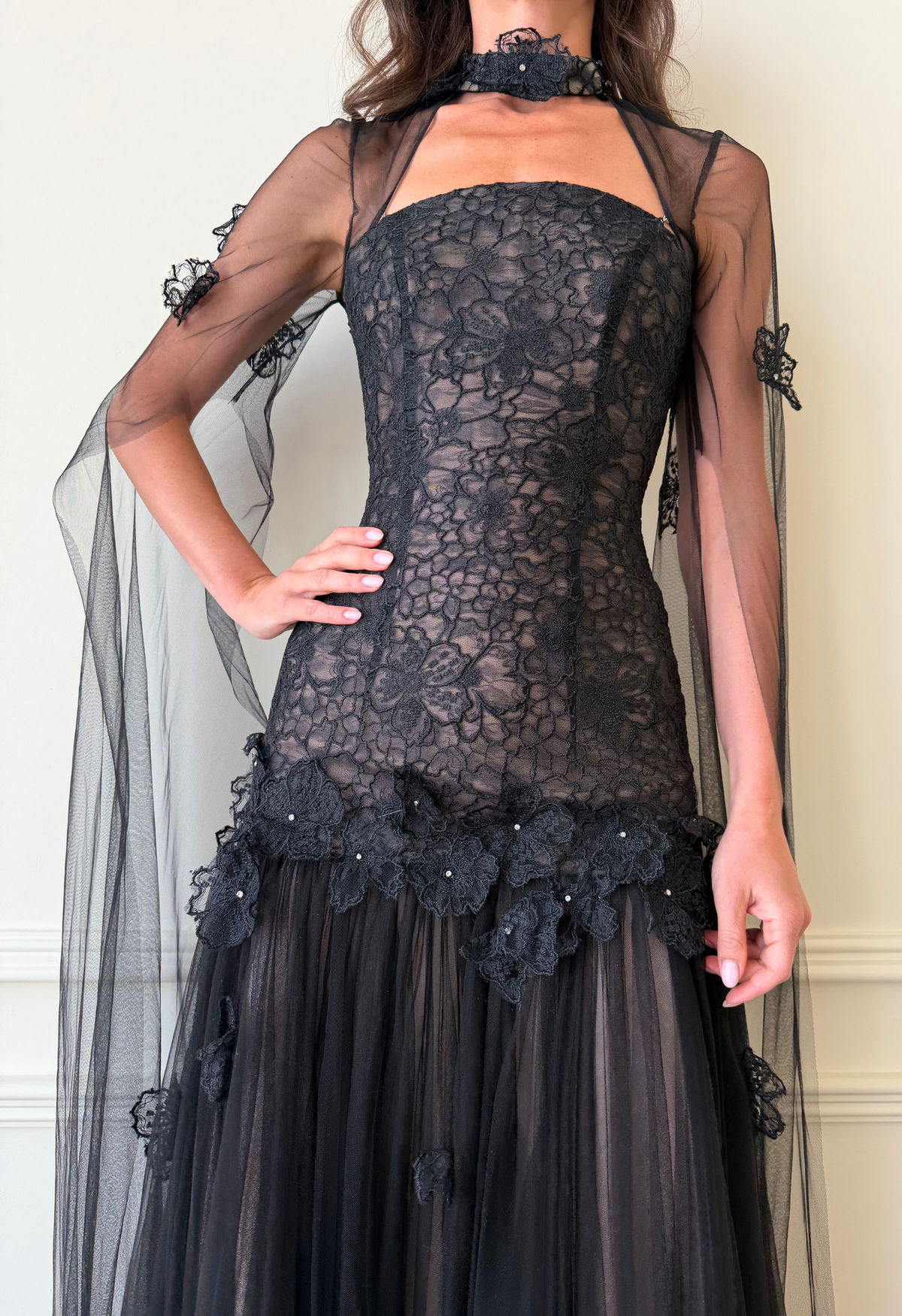 Celestia Lace Tulle Gown in Black