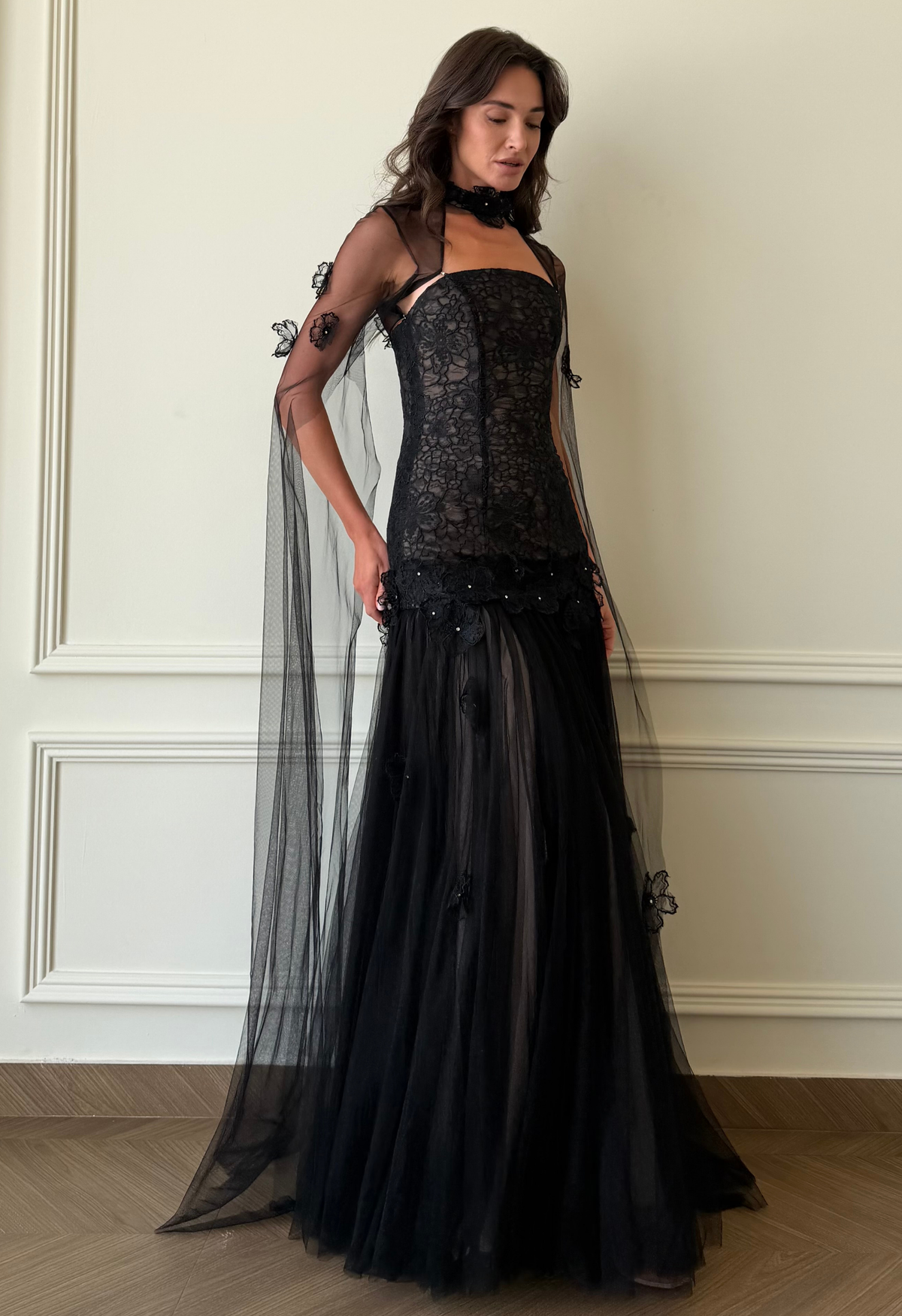 Celestia Lace Tulle Gown in Black