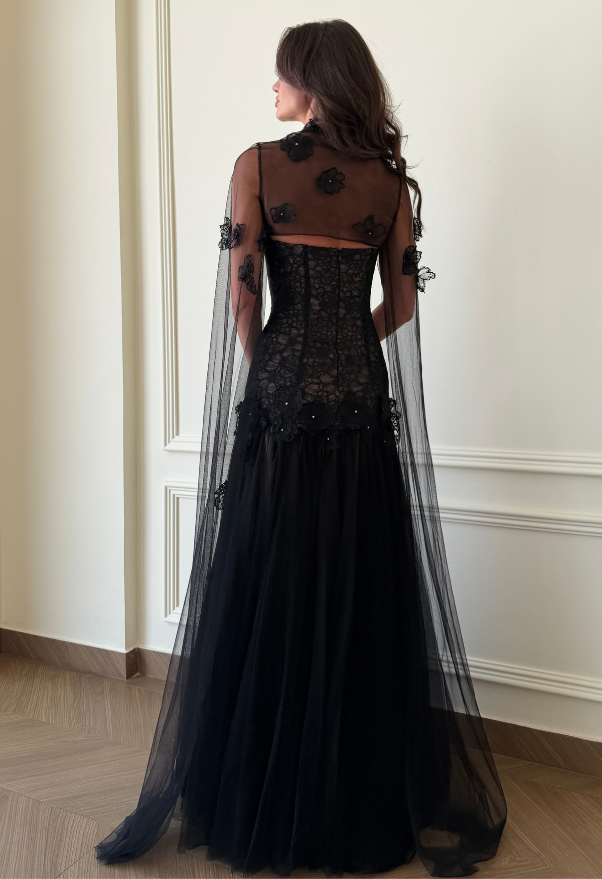 Celestia Lace Tulle Gown in Black