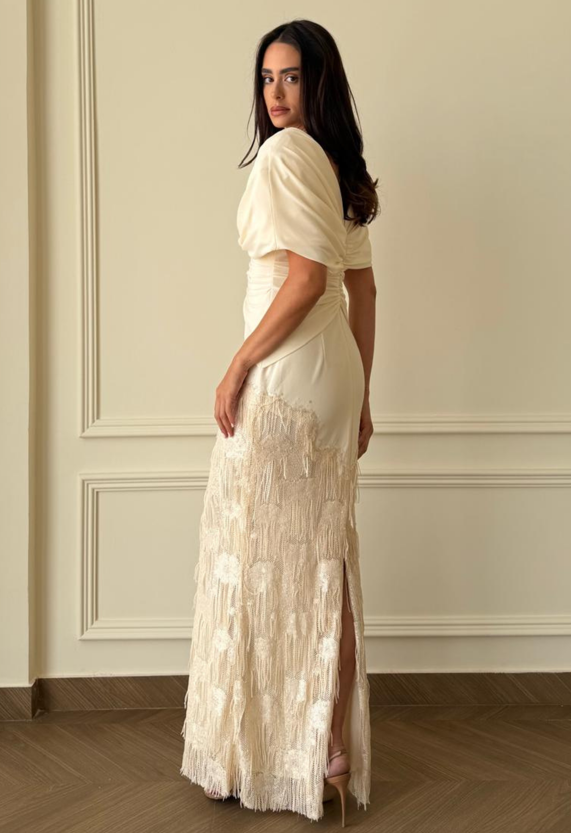 Deep V Fringe-Trimmed Long Dress