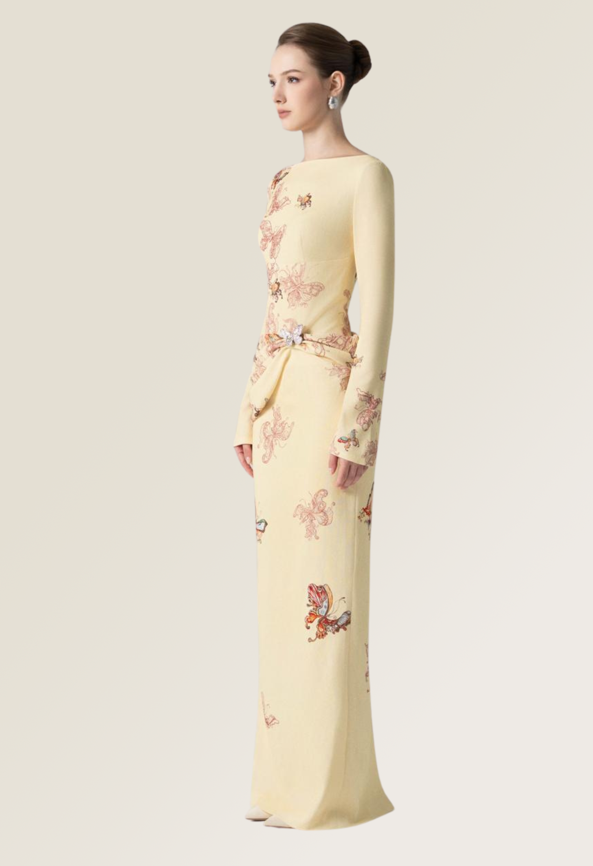 Butterfly Veil Pencil Dress in Almond Oil