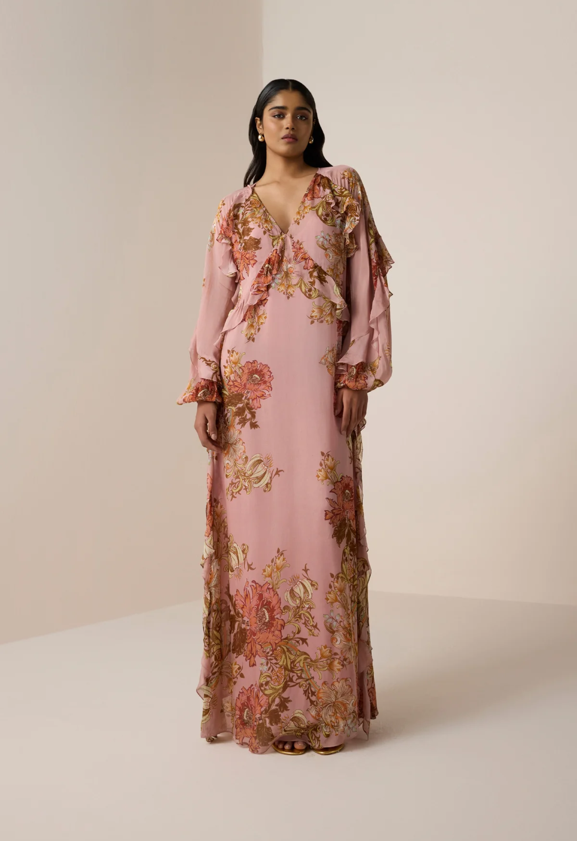 Pink Flat chiffon long ruffle Kaftan