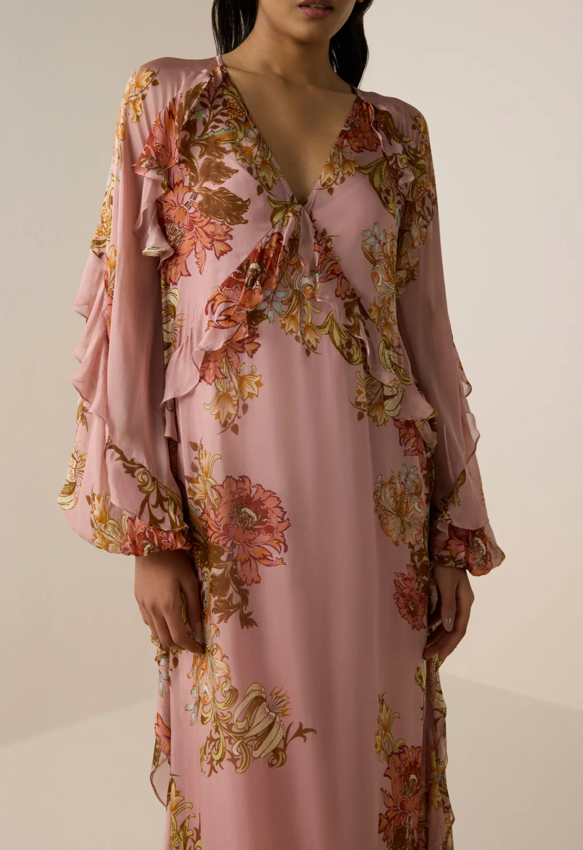 Pink Flat chiffon long ruffle Kaftan