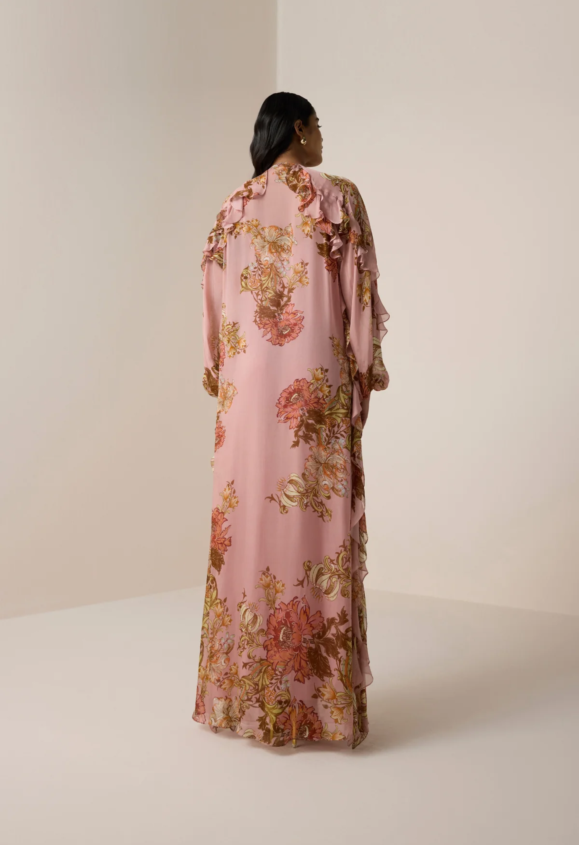Pink Flat chiffon long ruffle Kaftan