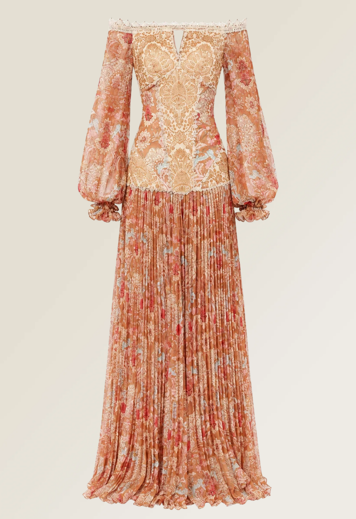 Off-Shoulder Baroque Dress in Burnt Orange