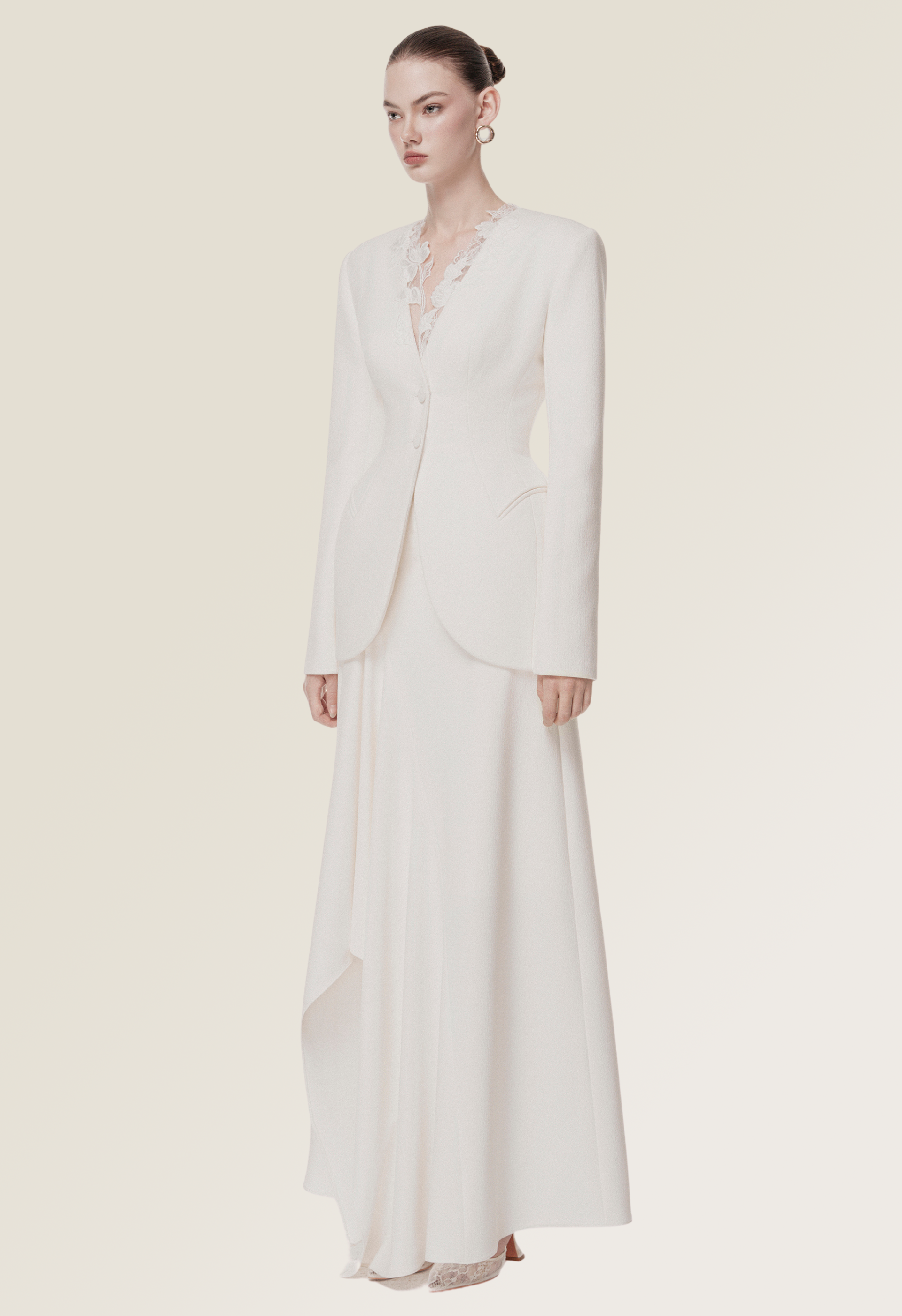 Ivory Draped Collar Tailored Set
