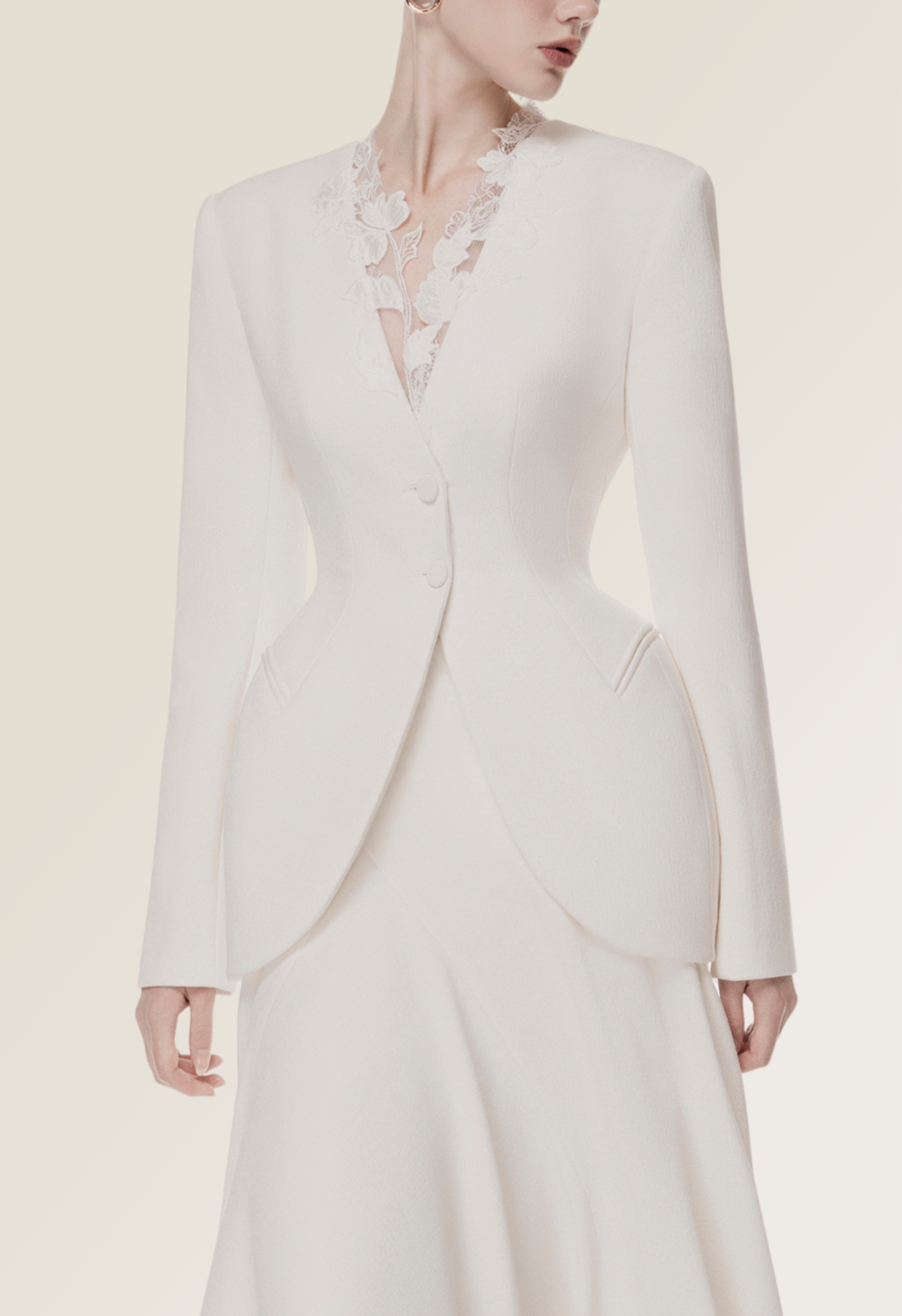 Ivory Draped Collar Tailored Set