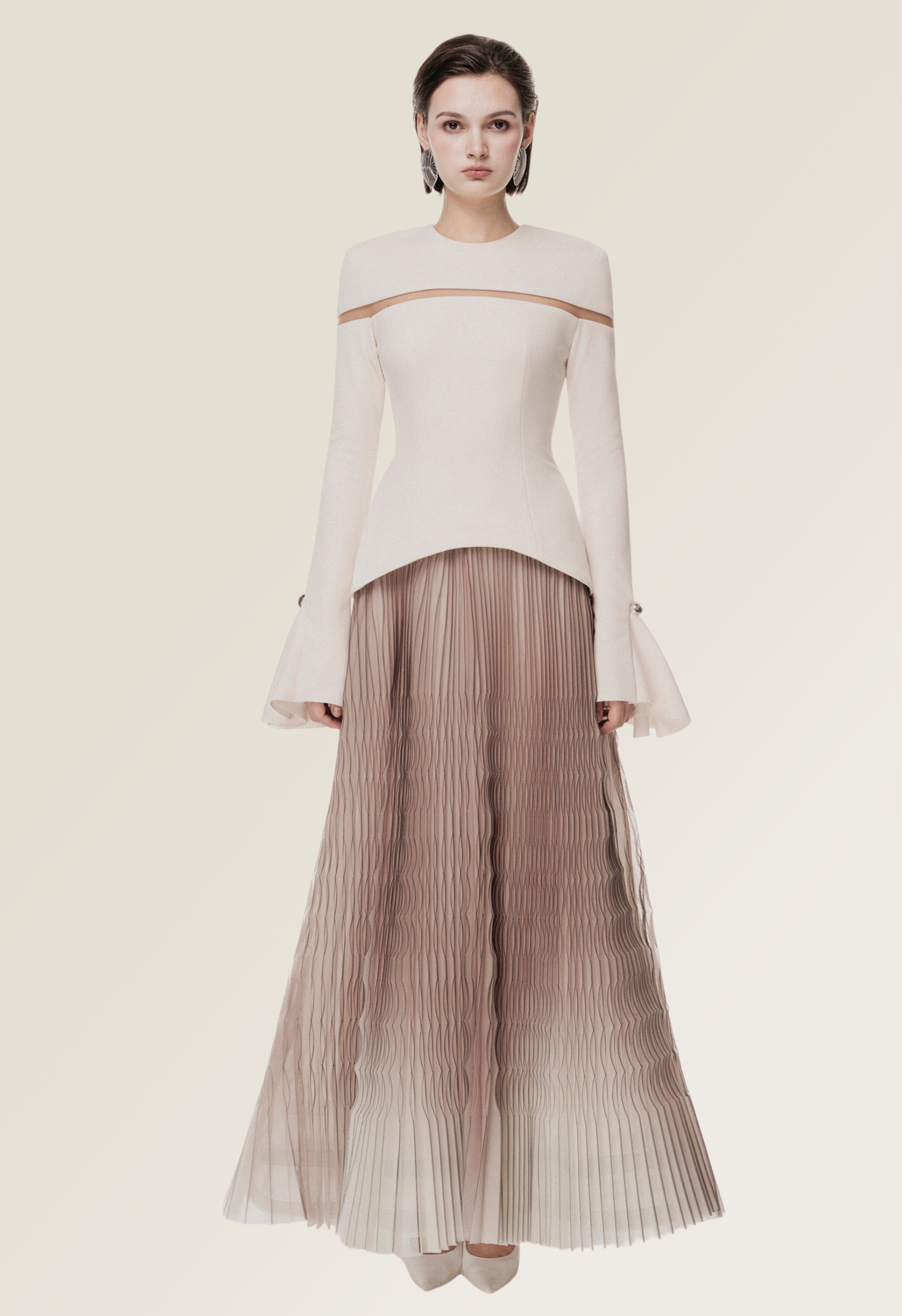 Cream Ombre Pleated Dress
