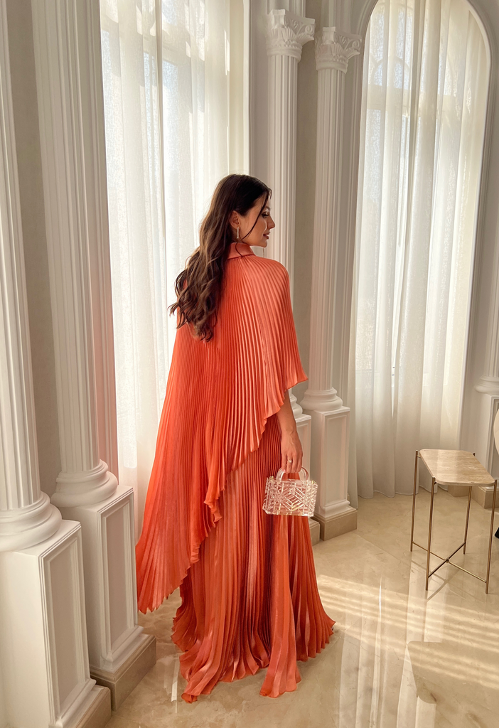 Fully pleated orange dress