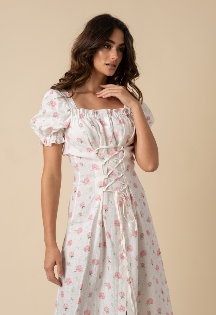 Marquise Linen Dress in Roses
