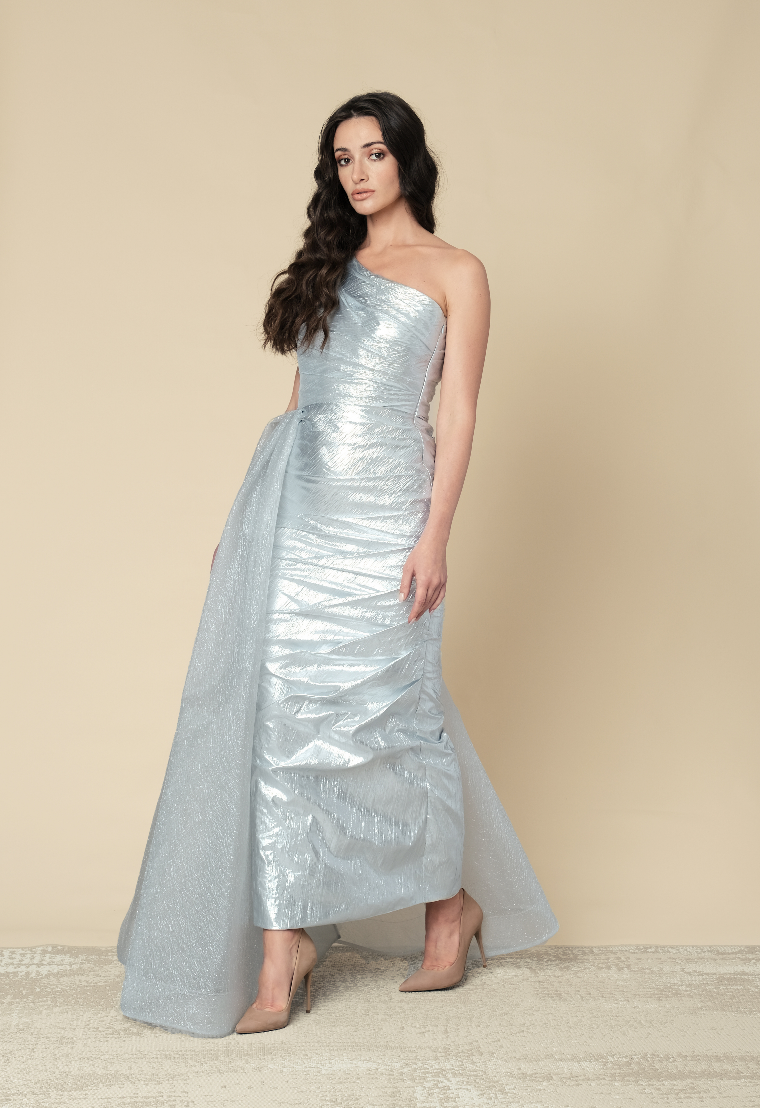 Silver metallic one shoulder gown