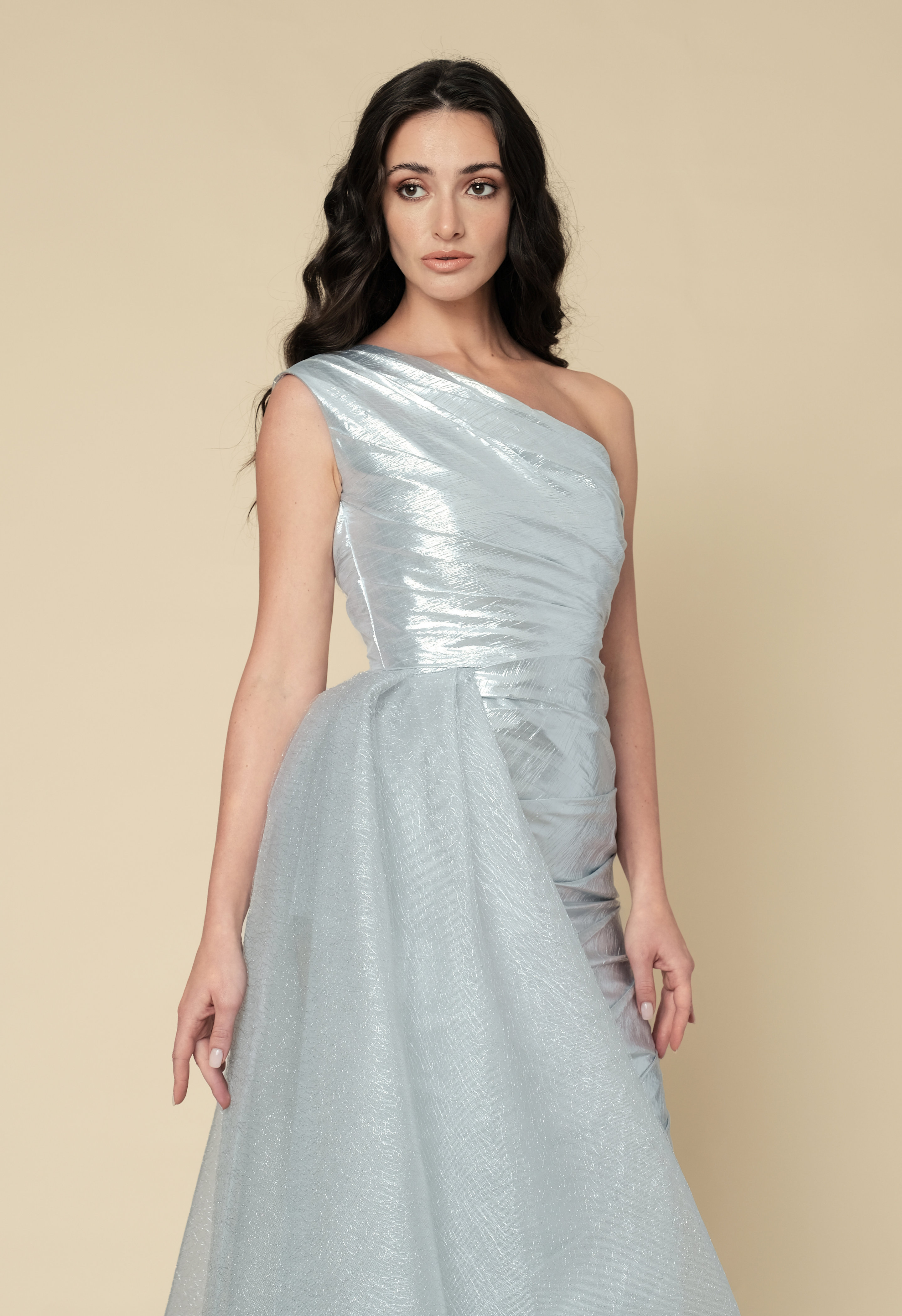 Silver metallic one shoulder gown