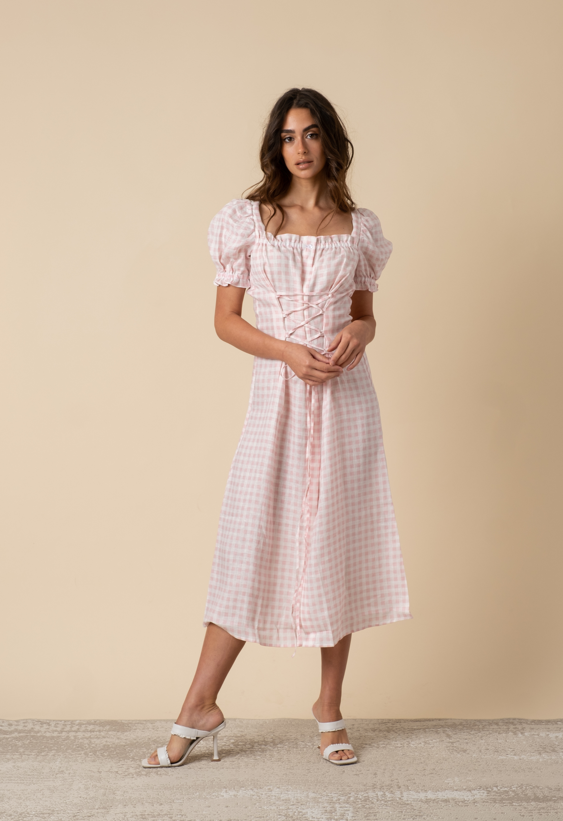 Marquise Linen Dress in Pink Vichy