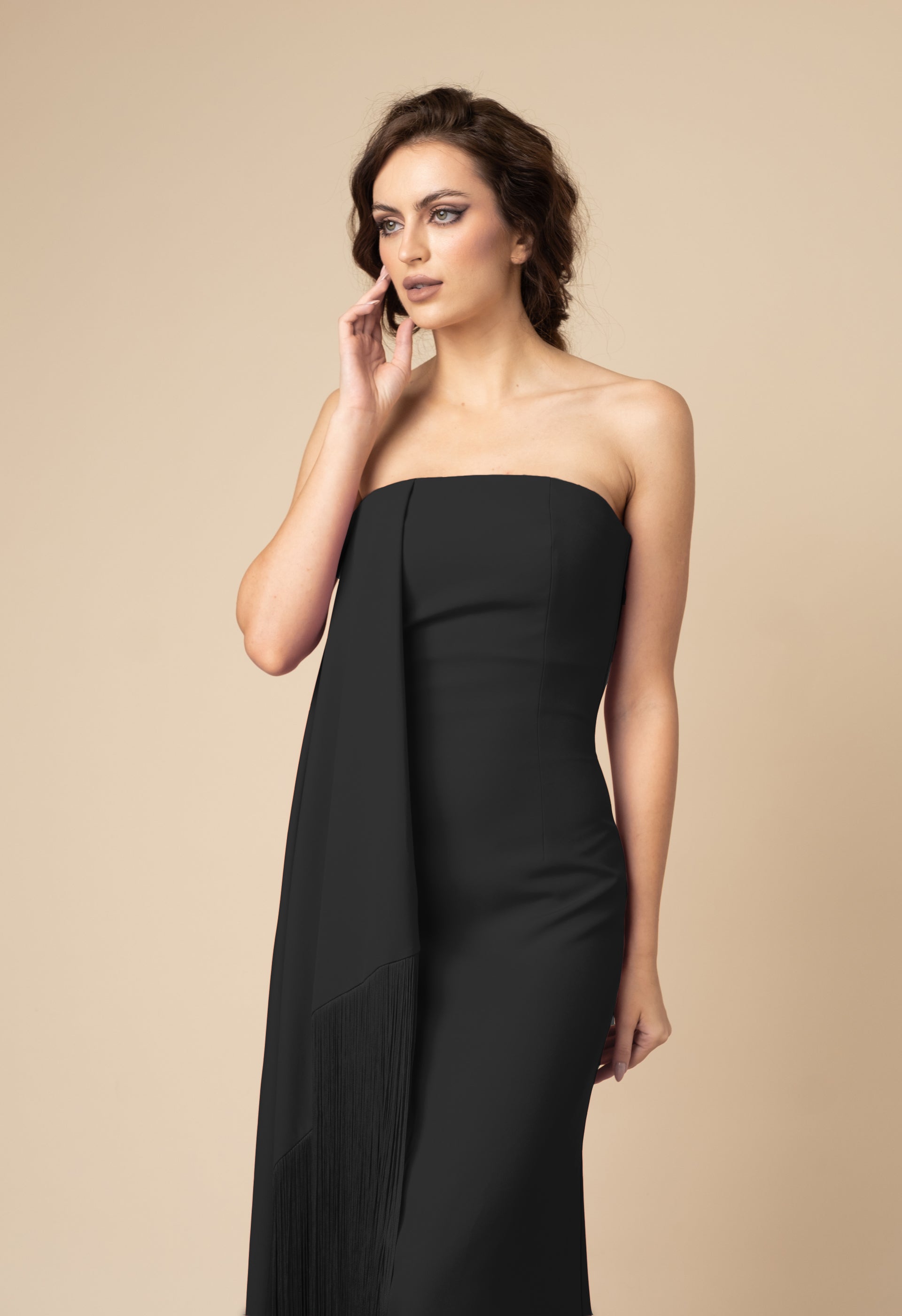 Long Strapless Dress in Crepe and Fringe In Black