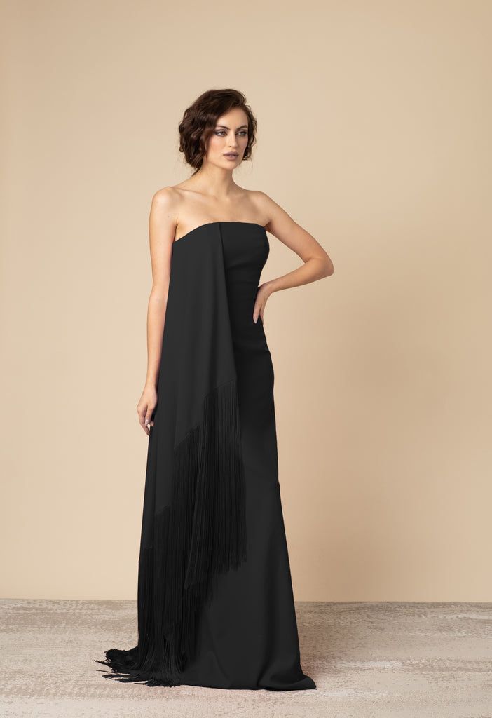 Long Strapless Dress in Crepe and Fringe In Black